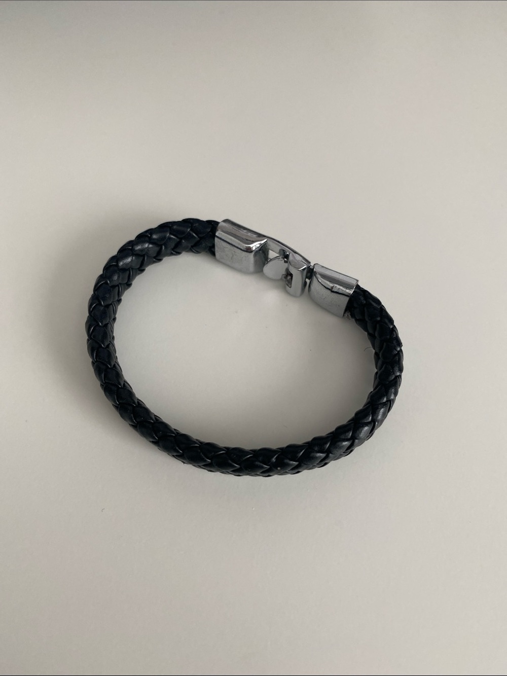Ladies Black Braided Vegan Leather Bracelet with Silver Clasp - fits small wrist